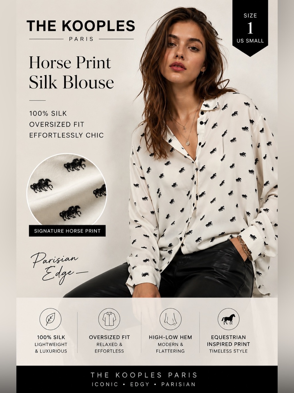 The Kooples Paris Horse Print 100% Silk Oversized Blouse Size Small